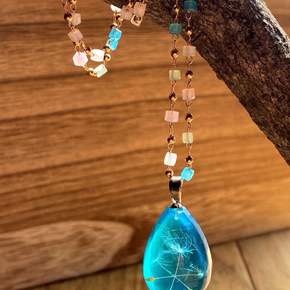 Austrian Crystal Dandelion Resin Blue Minimalist Necklace